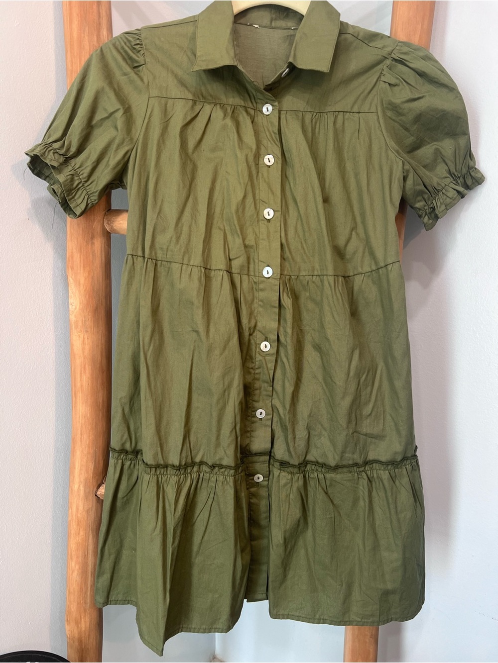 Olive Green Tiered Button Front Puff Sleeve Dress Girls Size 10